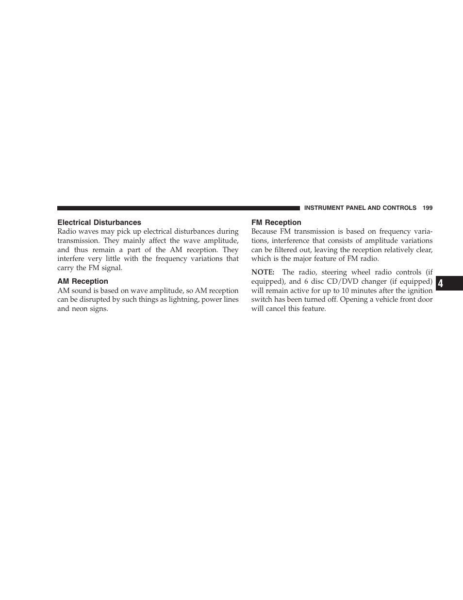 Electrical disturbances, Am reception, Fm reception | Chrysler 2007 Aspen User Manual | Page 199 / 472