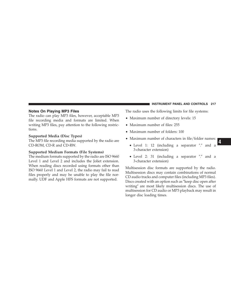 Notes on playing mp3 files | Chrysler 2007 Aspen User Manual | Page 217 / 472
