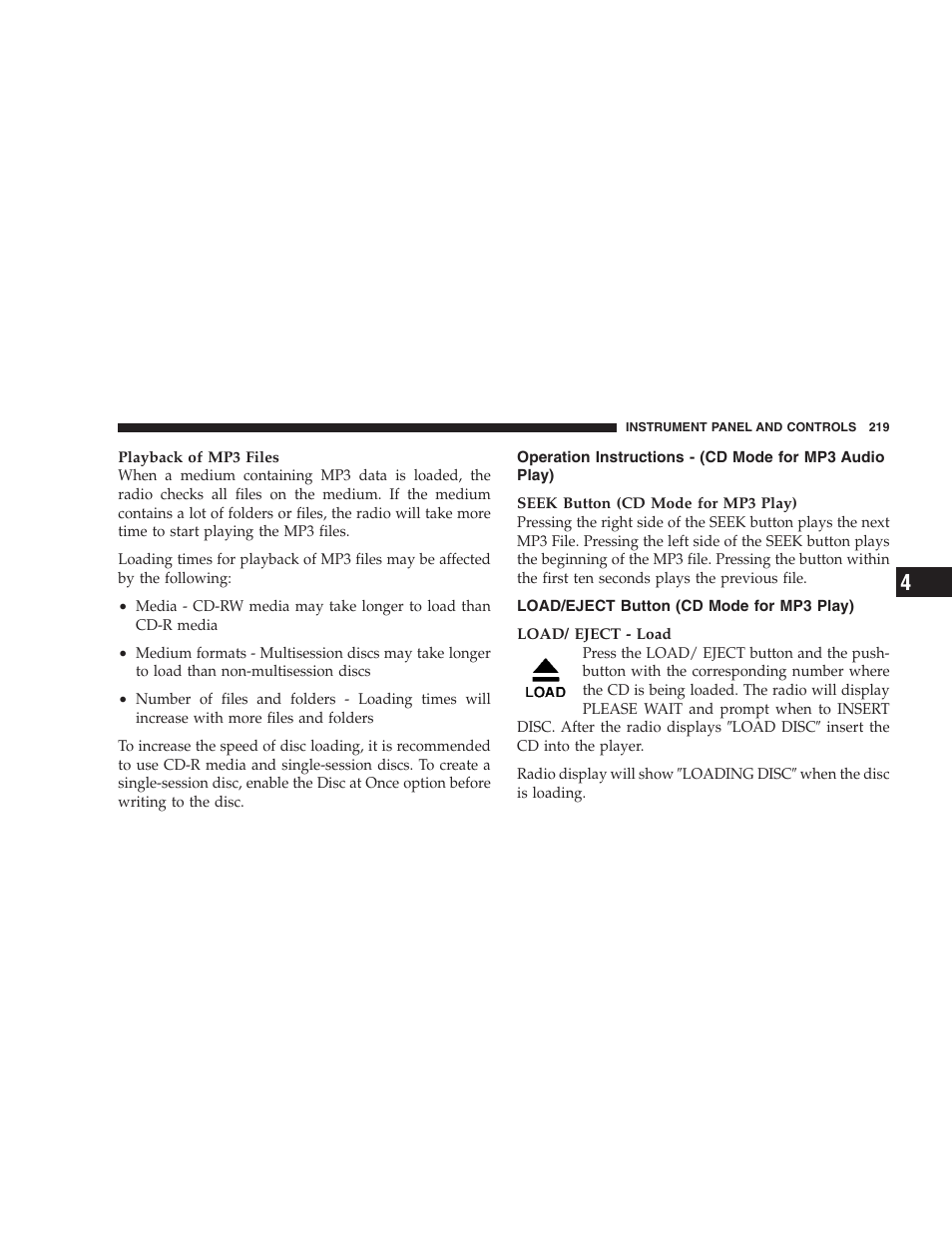 Operation instructions - (cd mode for mp3, Audio play), Load/eject button (cd mode for mp3 play) | Chrysler 2007 Aspen User Manual | Page 219 / 472