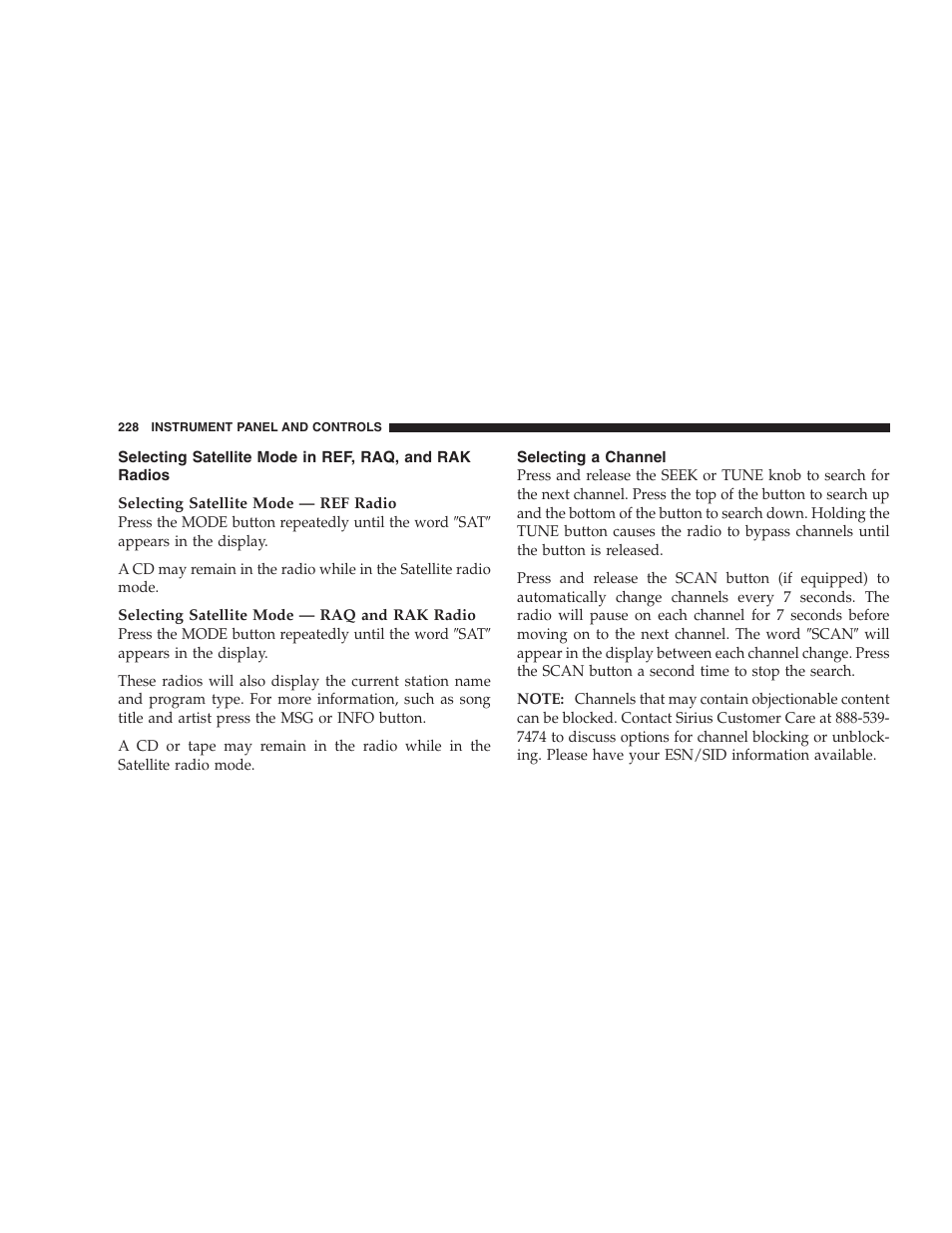 Selecting satellite mode in ref, raq, and rak, Radios, Selecting a channel | Chrysler 2007 Aspen User Manual | Page 228 / 472