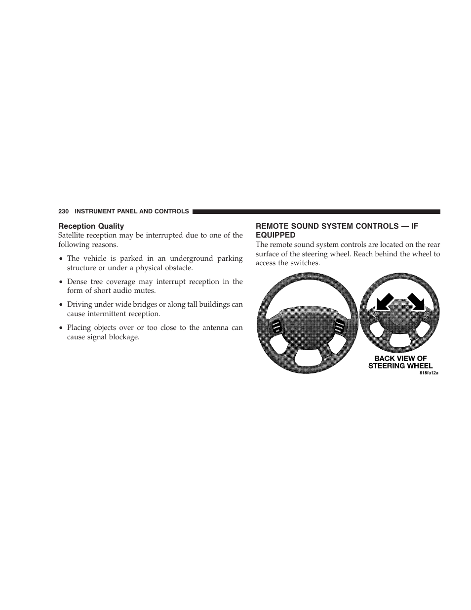 Reception quality, Remote sound system controls — if equipped | Chrysler 2007 Aspen User Manual | Page 230 / 472