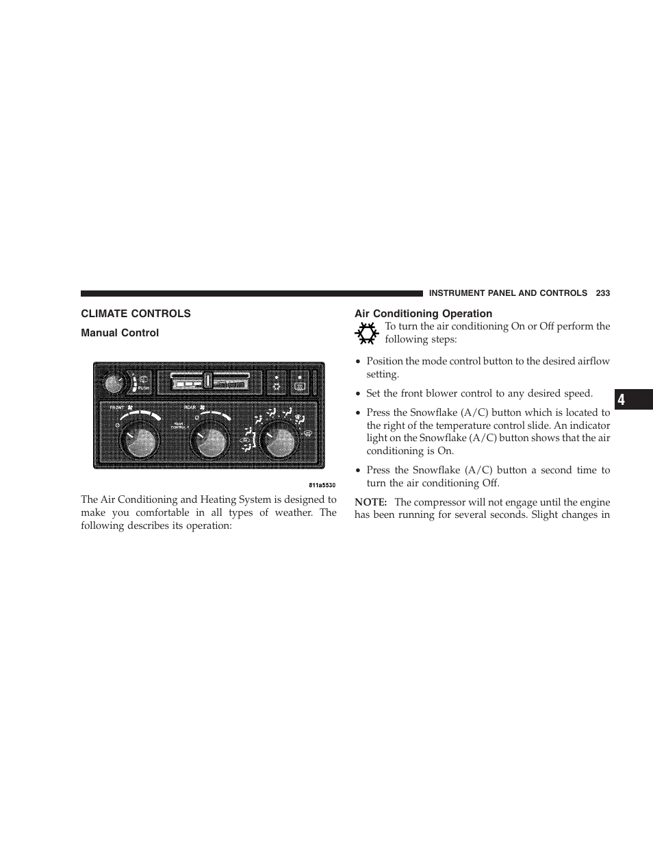 Climate controls, Manual control, Air conditioning operation | Chrysler 2007 Aspen User Manual | Page 233 / 472