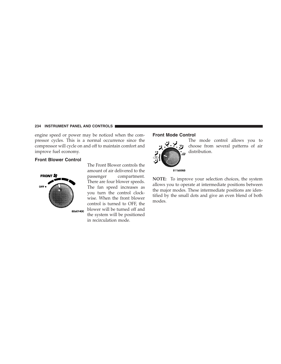 Front blower control, Front mode control | Chrysler 2007 Aspen User Manual | Page 234 / 472
