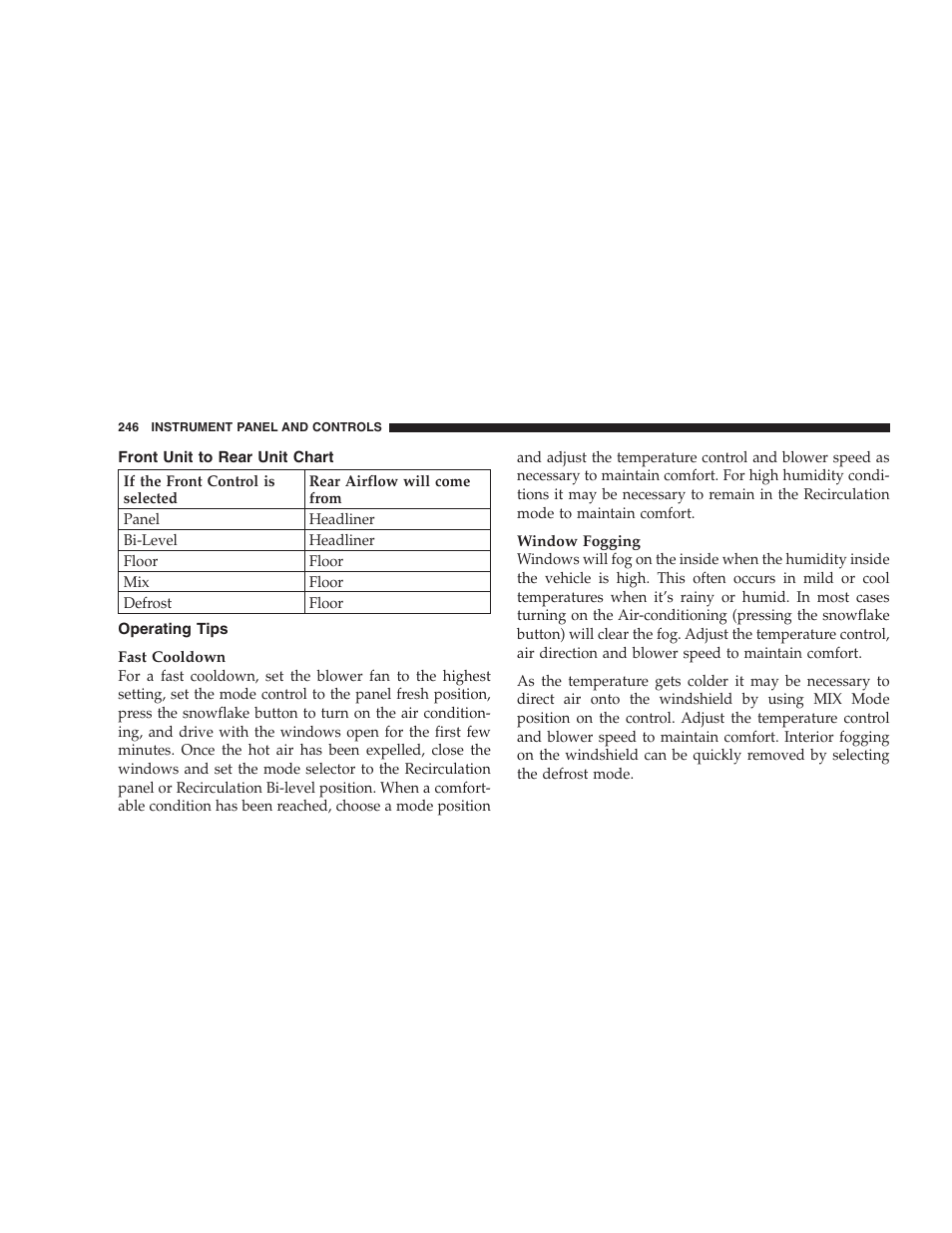 Front unit to rear unit chart, Operating tips | Chrysler 2007 Aspen User Manual | Page 246 / 472