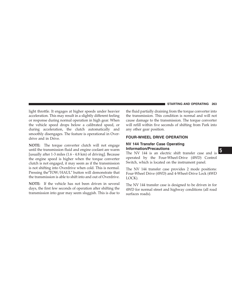Four-wheel drive operation, Nv 144 transfer case operating, Information/precautions | Chrysler 2007 Aspen User Manual | Page 263 / 472