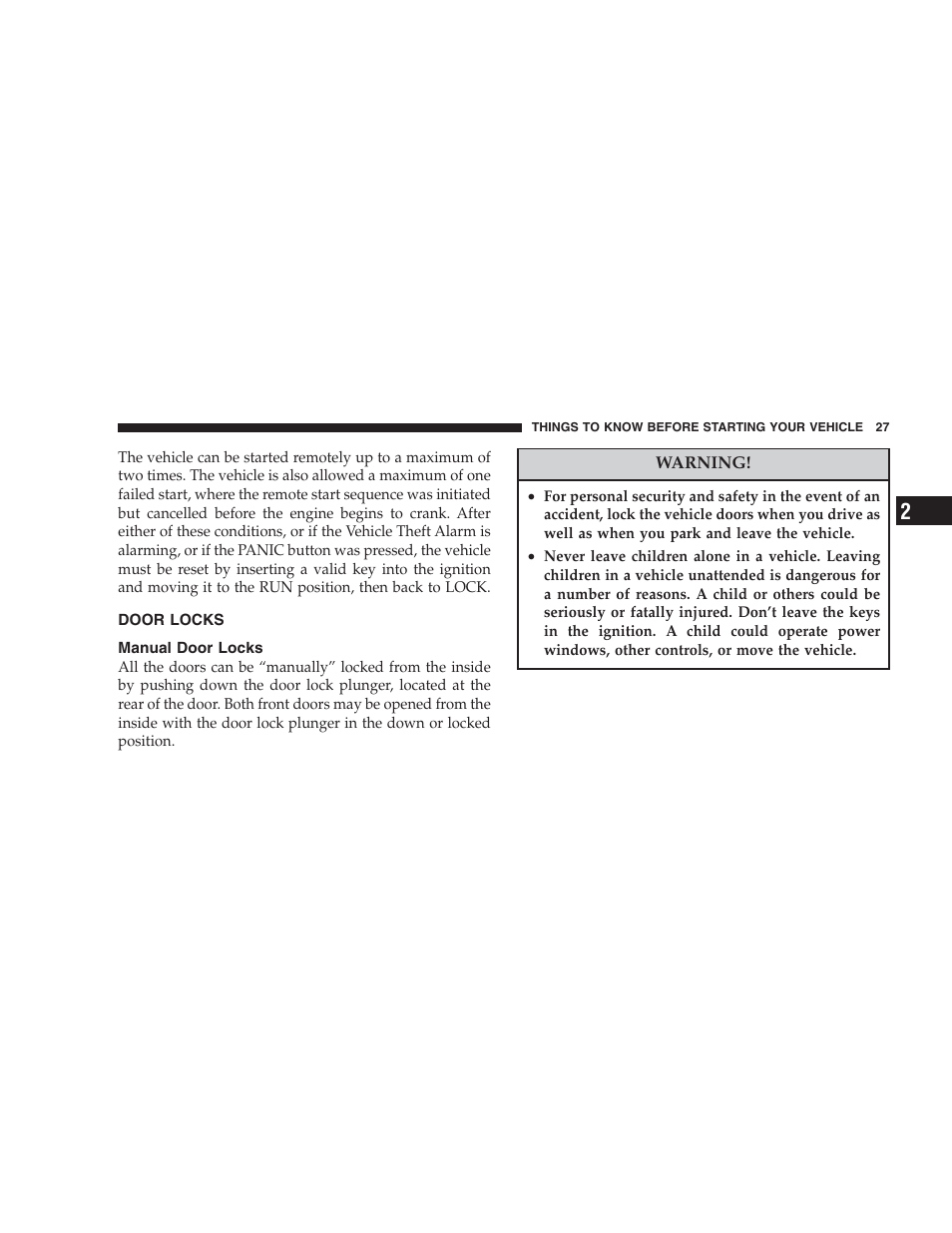 Door locks, Manual door locks | Chrysler 2007 Aspen User Manual | Page 27 / 472
