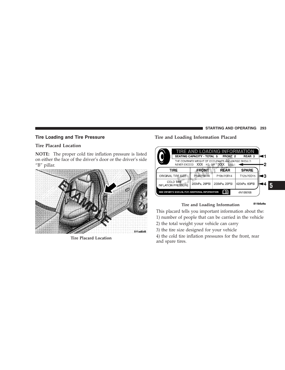 Tire loading and tire pressure | Chrysler 2007 Aspen User Manual | Page 293 / 472