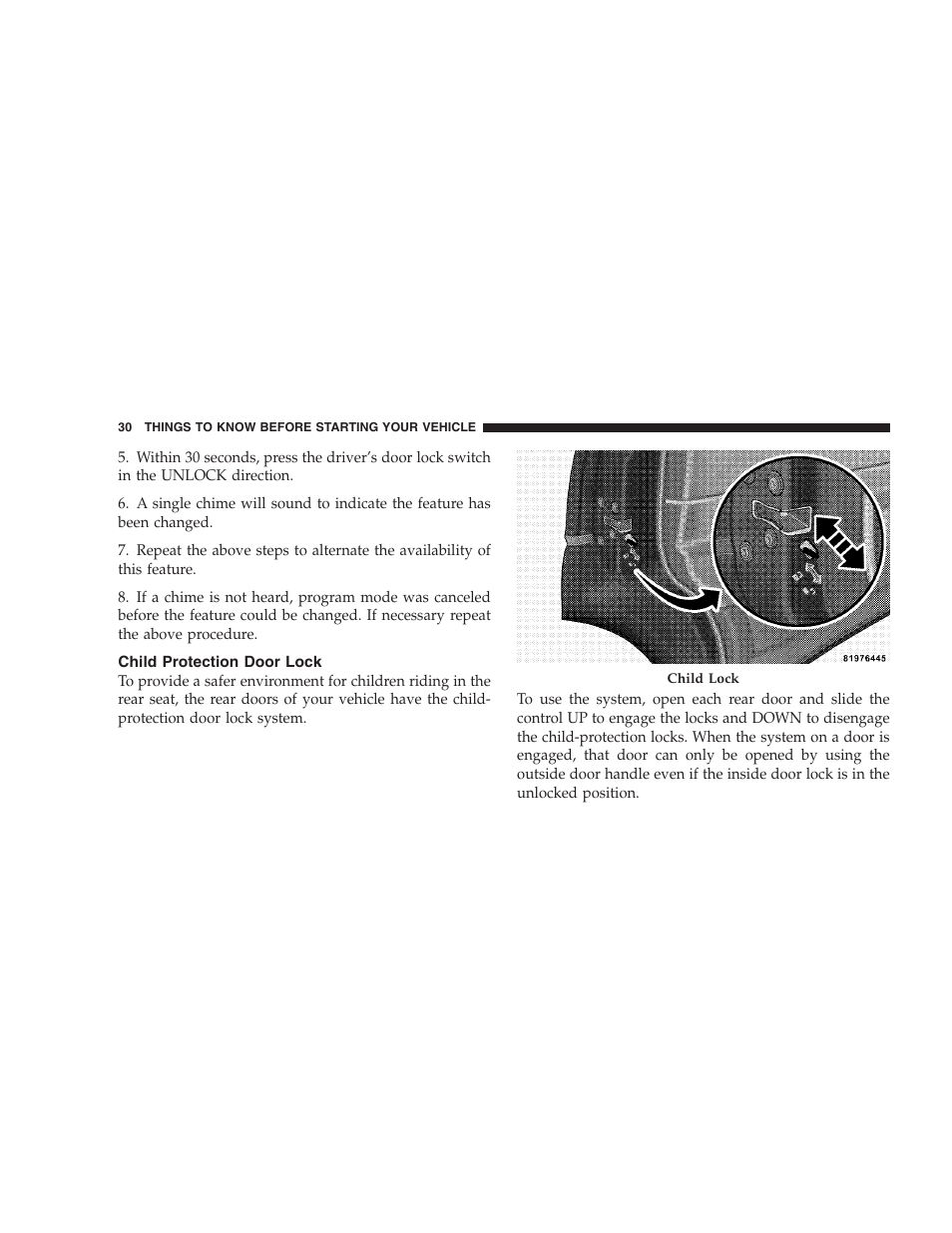 Child protection door lock | Chrysler 2007 Aspen User Manual | Page 30 / 472