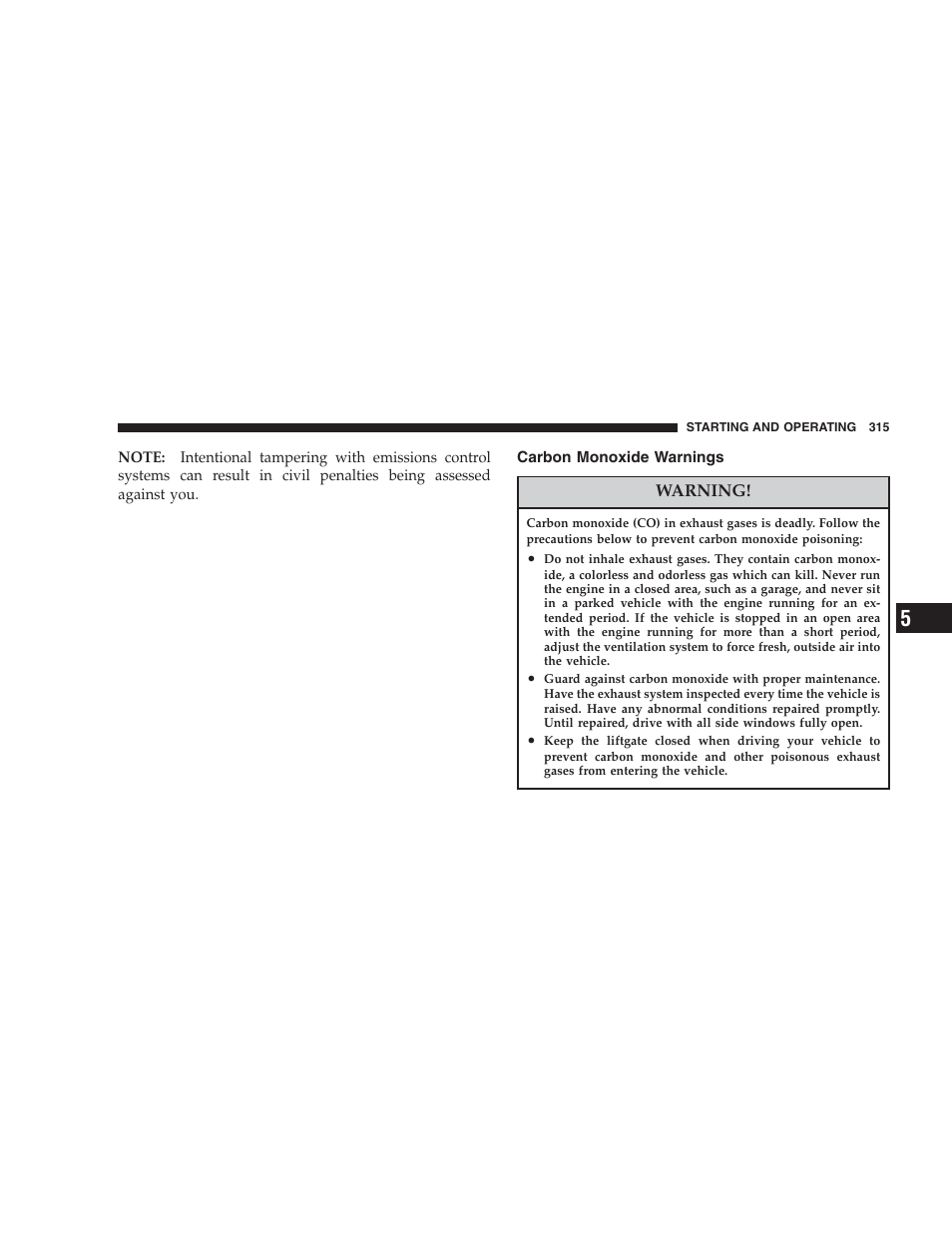 Carbon monoxide warnings | Chrysler 2007 Aspen User Manual | Page 315 / 472