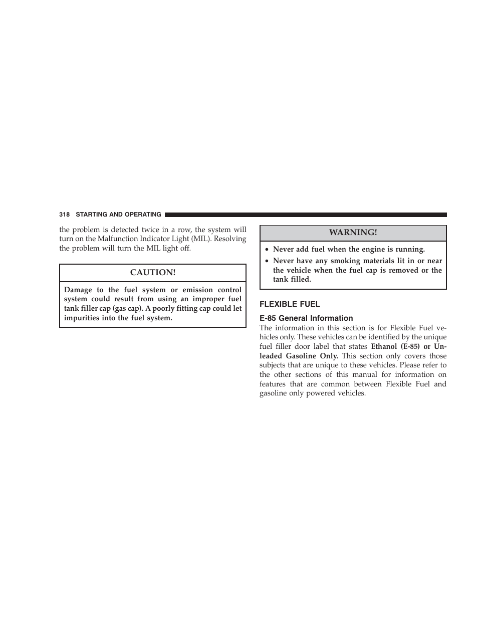 Flexible fuel, E-85 general information | Chrysler 2007 Aspen User Manual | Page 318 / 472