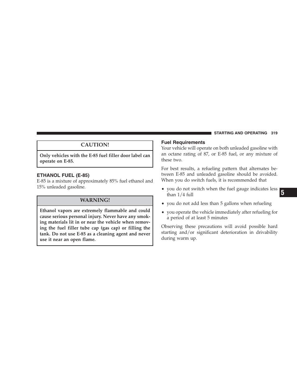 Ethanol fuel (e-85), Fuel requirements | Chrysler 2007 Aspen User Manual | Page 319 / 472
