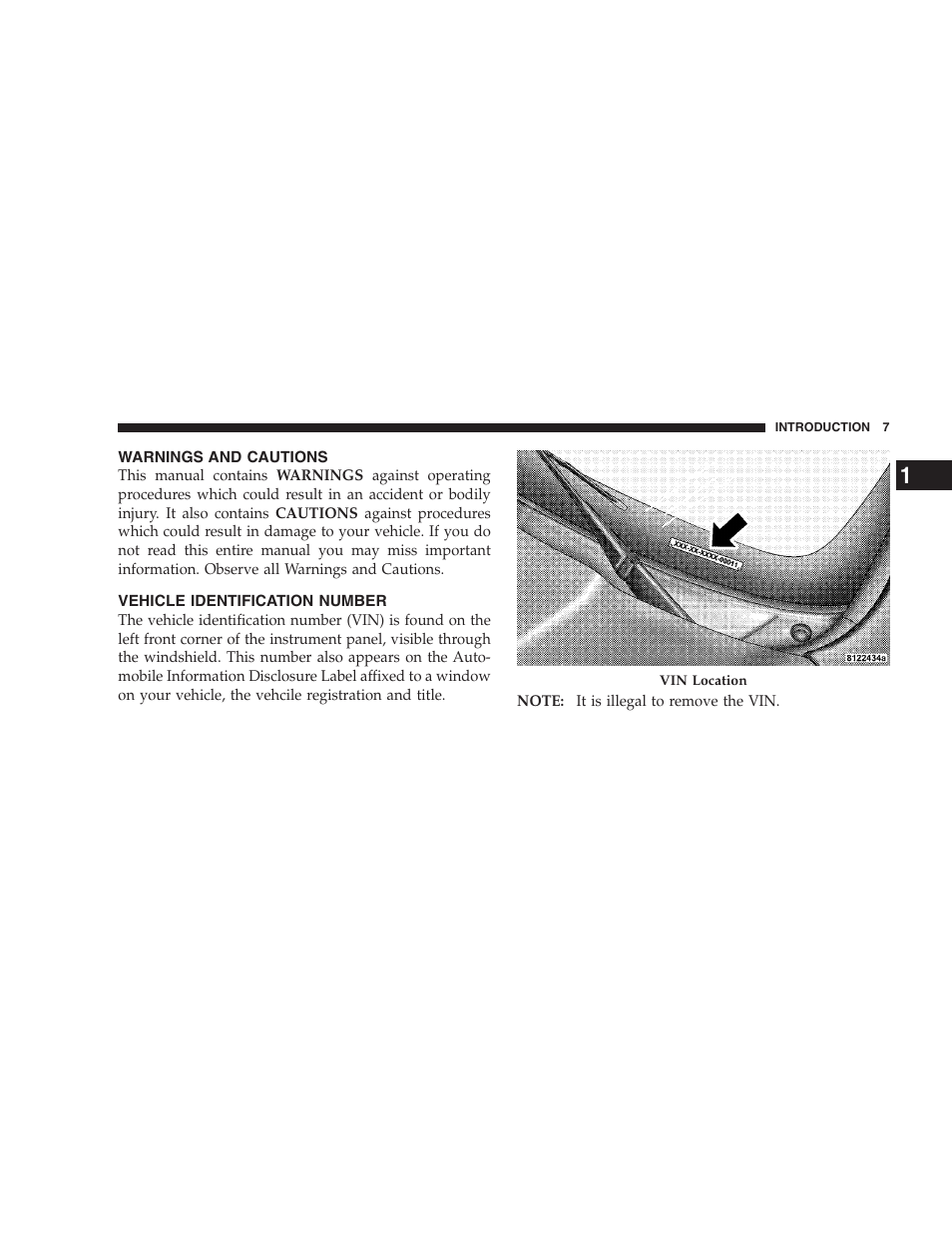 Warnings and cautions, Vehicle identification number | Chrysler 2007 Aspen User Manual | Page 7 / 472