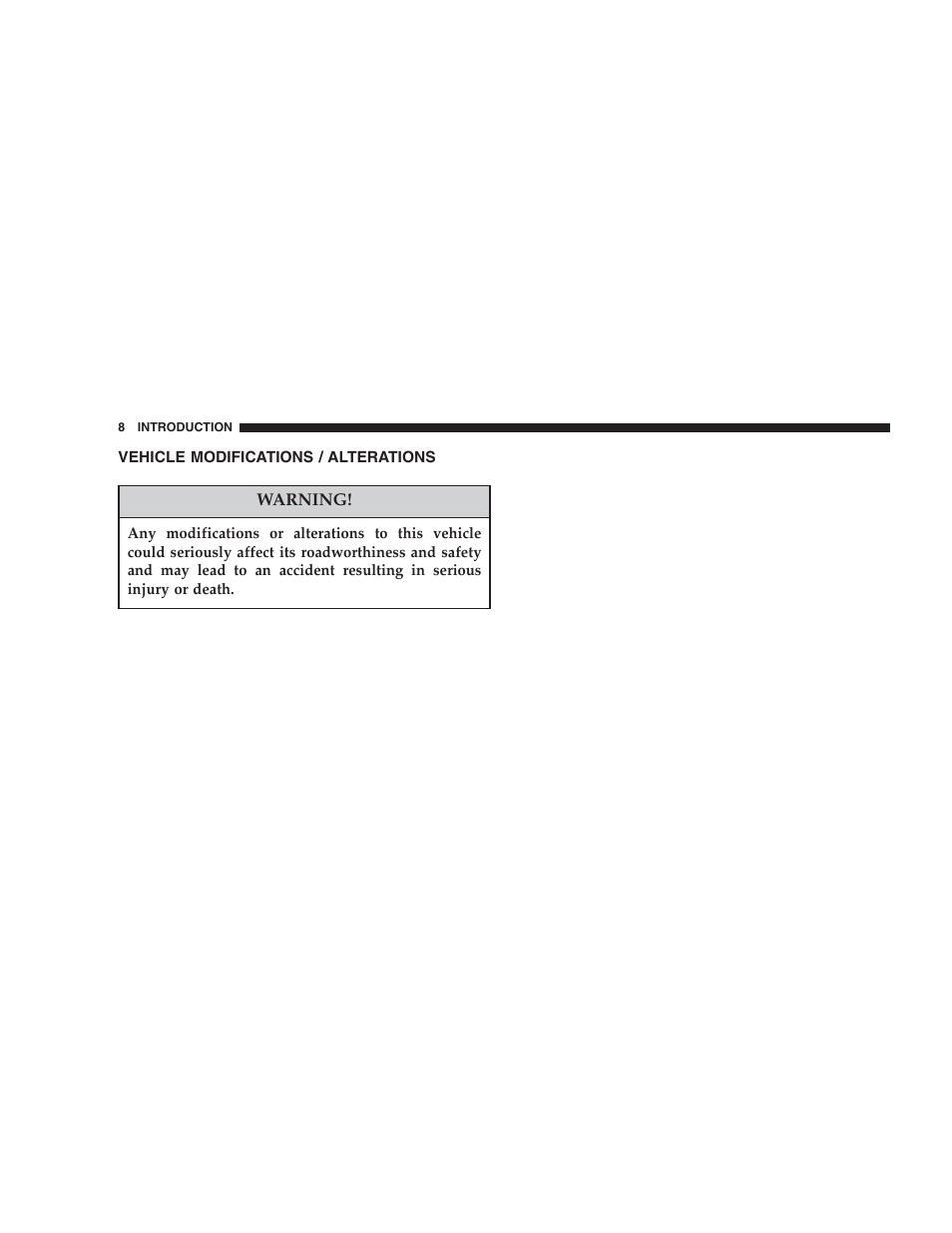 Vehicle modifications / alterations | Chrysler 2007 Aspen User Manual | Page 8 / 472