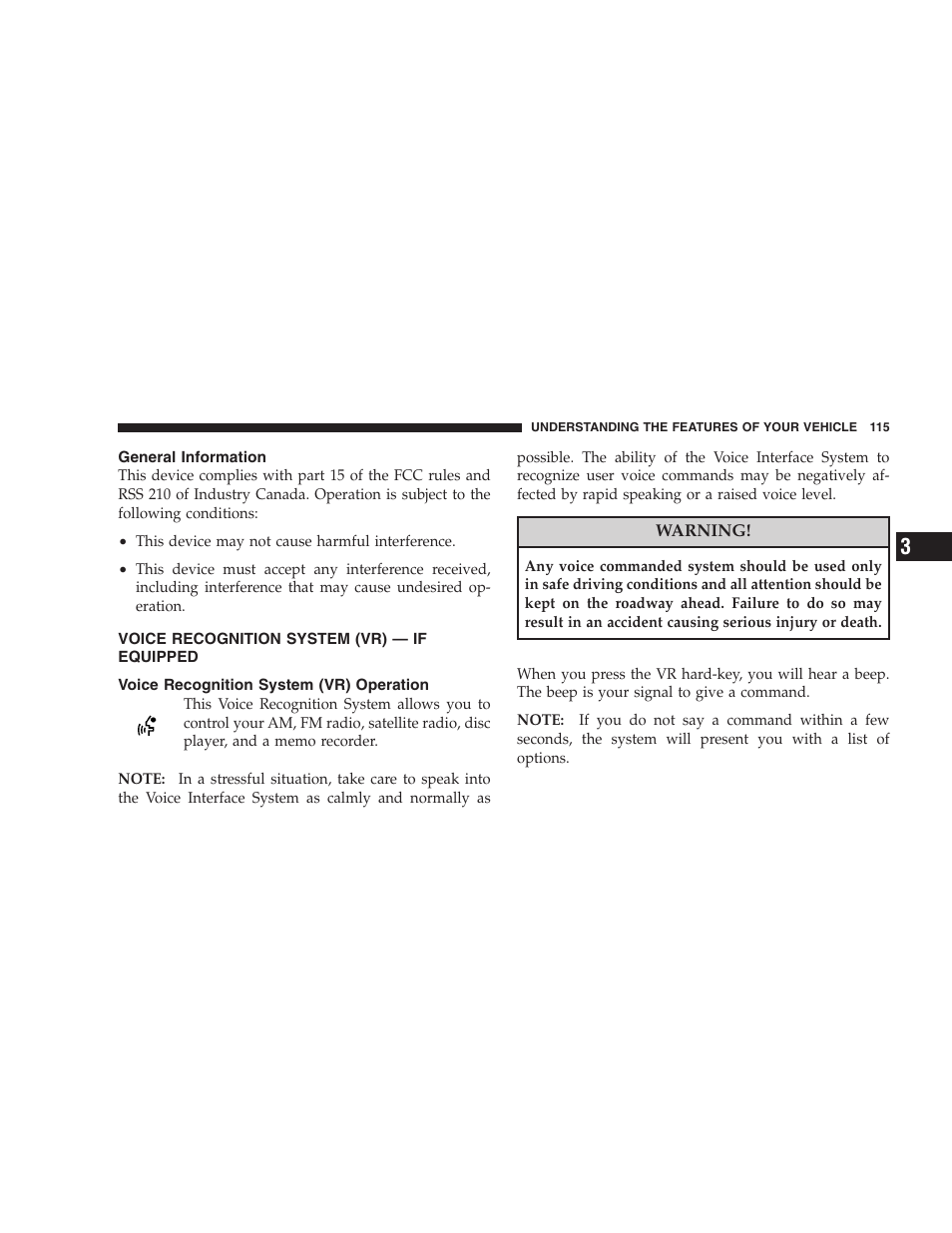 General information, Voice recognition system (vr) - if equipped, Voice recognition system (vr) operation | Chrysler 2008 300 SRT User Manual | Page 117 / 482