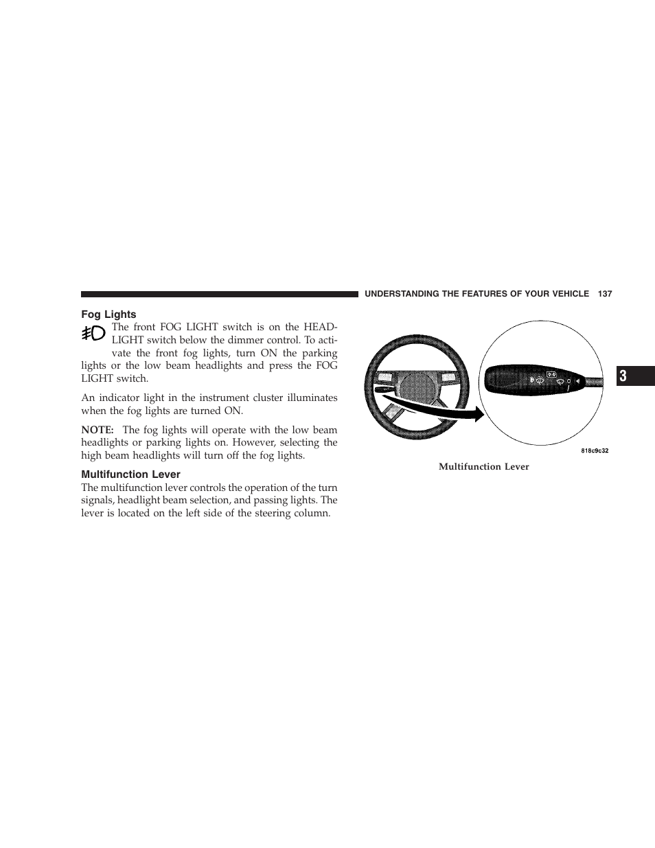 Fog lights, Multifunction lever, Windshield wipers and washers | Chrysler 2008 300 SRT User Manual | Page 139 / 482
