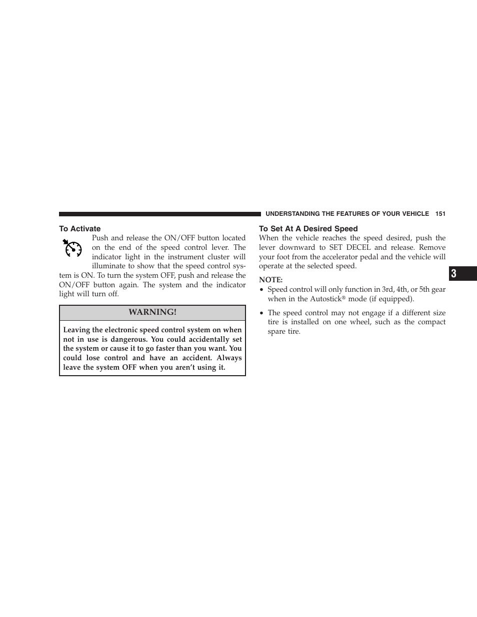 To activate, To set at a desired speed | Chrysler 2008 300 SRT User Manual | Page 153 / 482