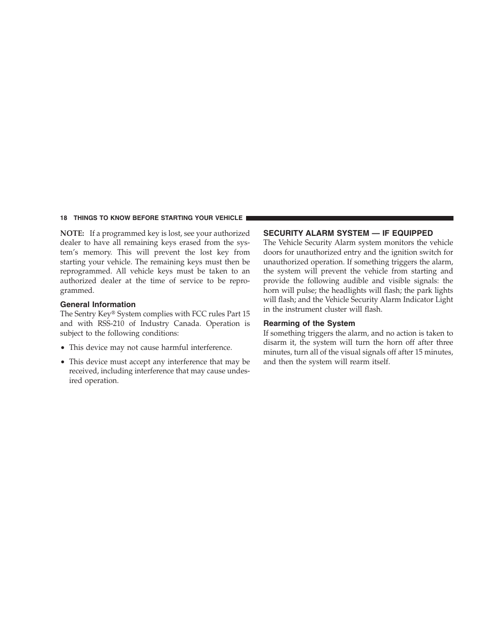 General information, Security alarm system - if equipped, Rearming of the system | Security alarm system — if equipped | Chrysler 2008 300 SRT User Manual | Page 20 / 482