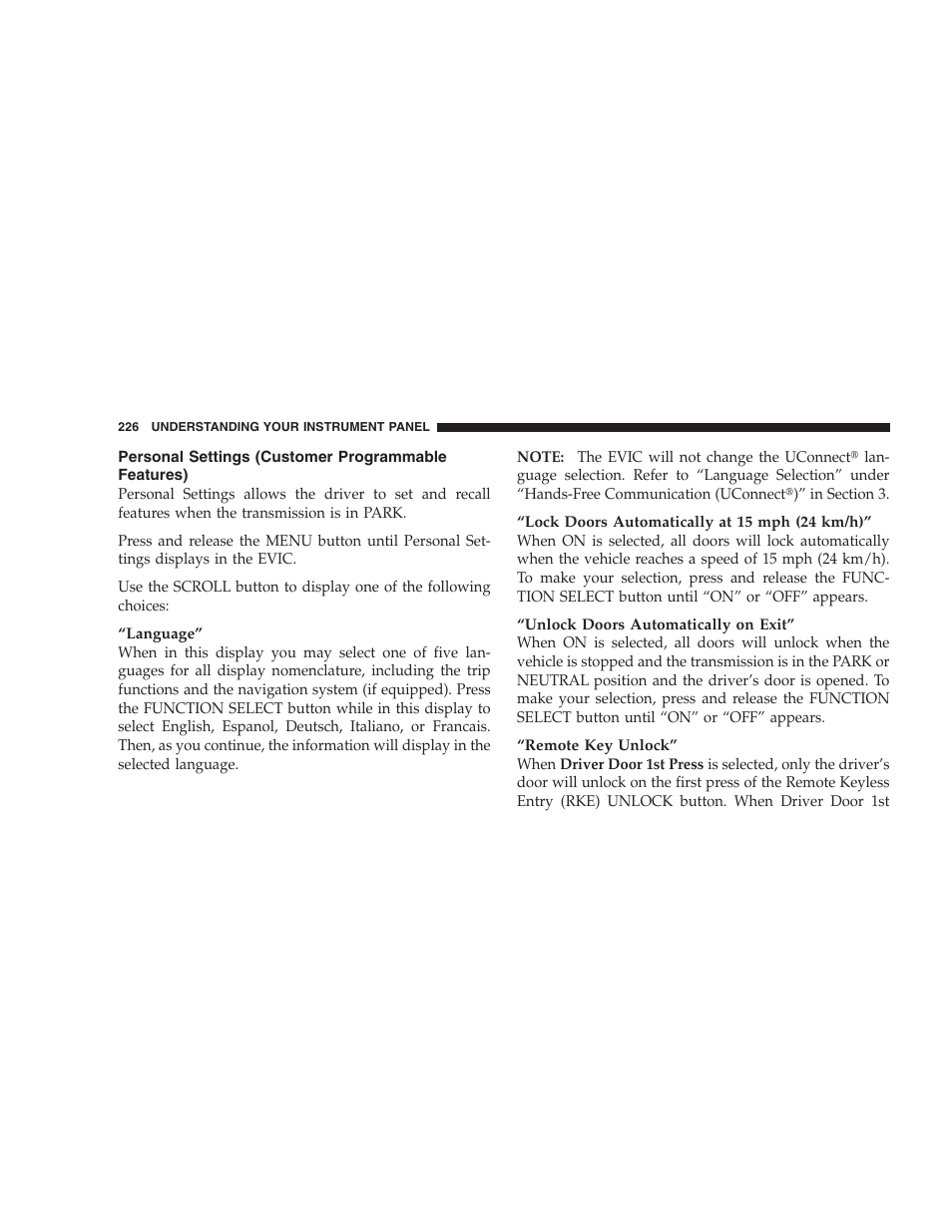 Personal settings (customer programmable features) | Chrysler 2008 300 SRT User Manual | Page 228 / 482