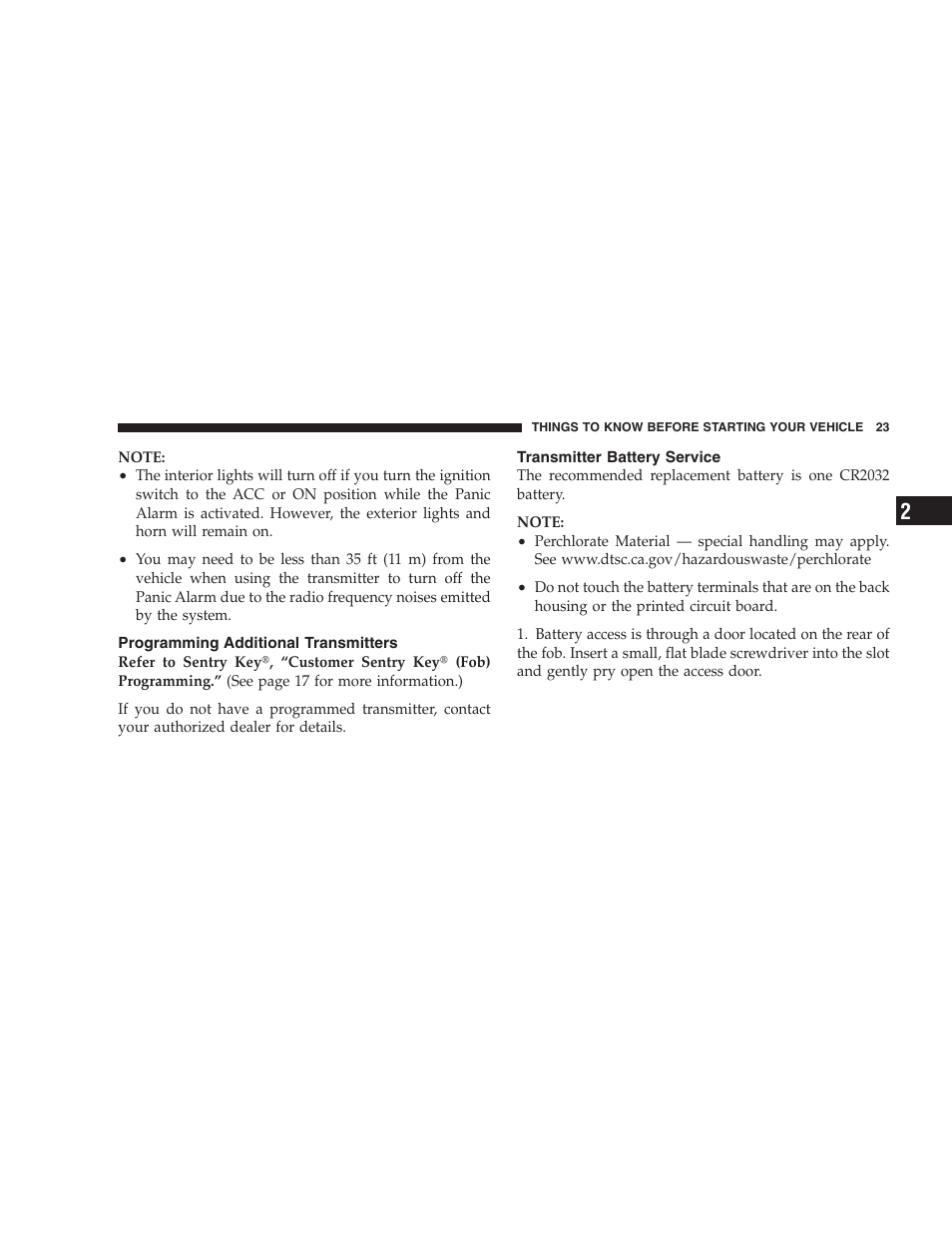 Programming additional transmitters, Transmitter battery service | Chrysler 2008 300 SRT User Manual | Page 25 / 482