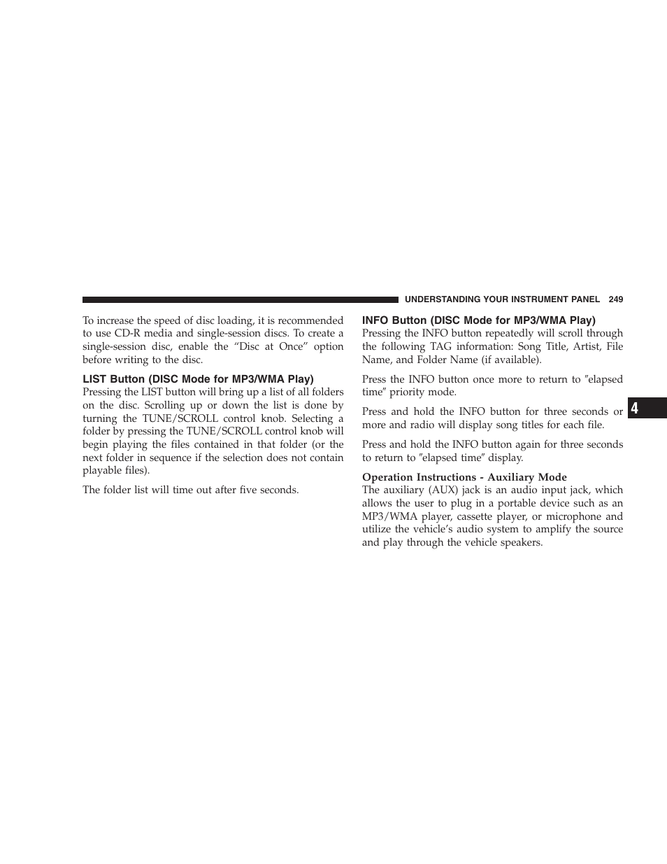 List button (disc mode for mp3/wma play), Info button (disc mode for mp3/wma play) | Chrysler 2008 300 SRT User Manual | Page 251 / 482
