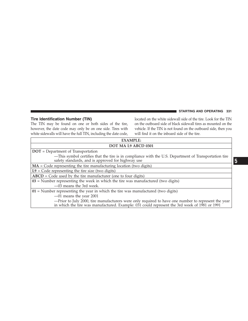 Tire identification number (tin) | Chrysler 2008 300 SRT User Manual | Page 333 / 482