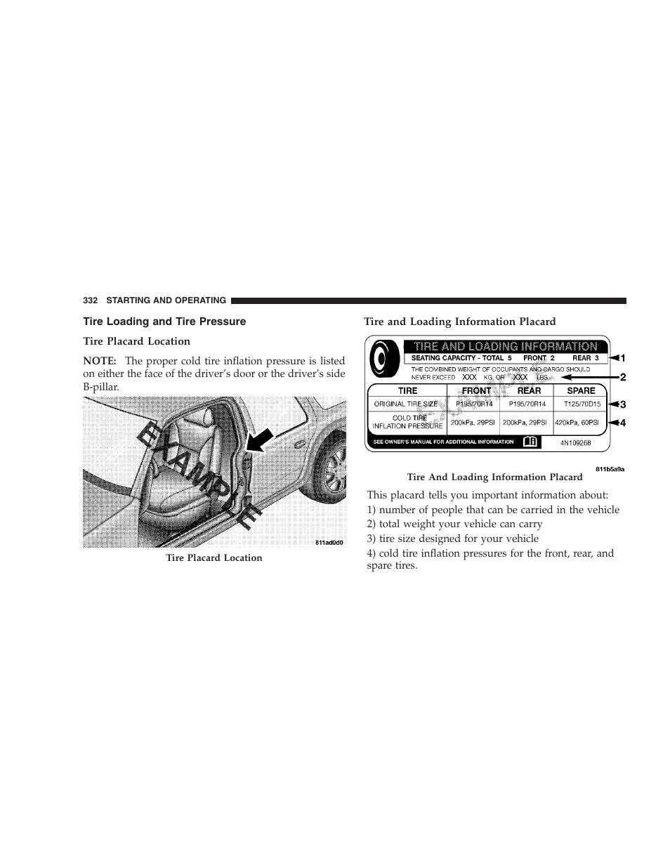 Tire loading and tire pressure | Chrysler 2008 300 SRT User Manual | Page 334 / 482