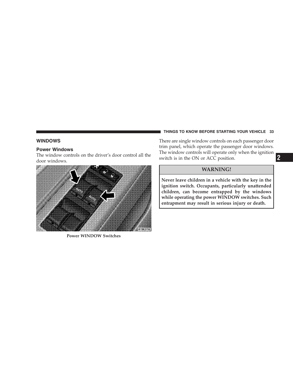 Windows, Power windows | Chrysler 2008 300 SRT User Manual | Page 35 / 482