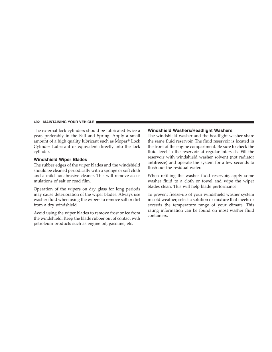 Windshield wiper blades, Windshield washers/headlight washers, Air conditioner maintenance | Chrysler 2008 300 SRT User Manual | Page 404 / 482