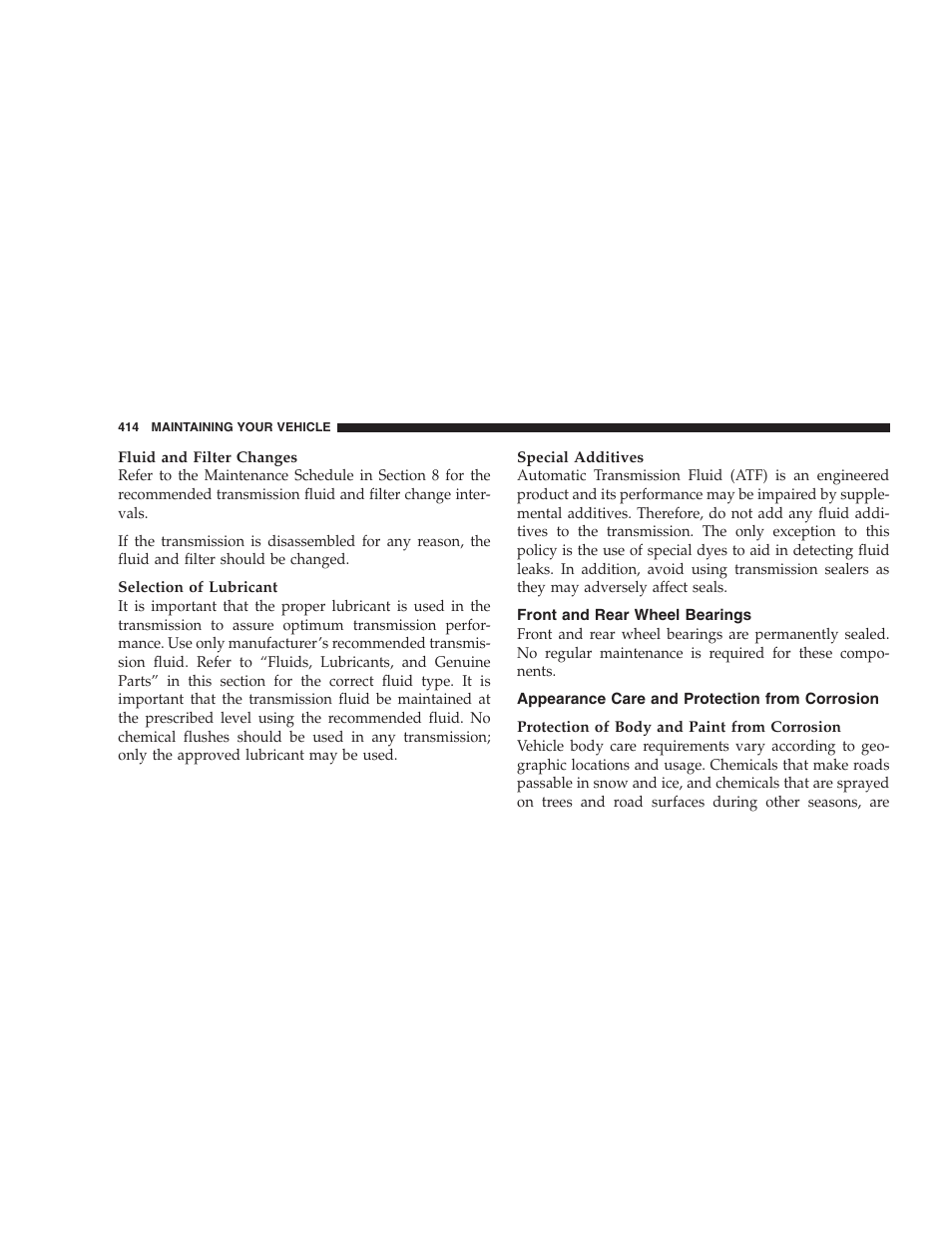 Front and rear wheel bearings, Appearance care and protection from corrosion | Chrysler 2008 300 SRT User Manual | Page 416 / 482