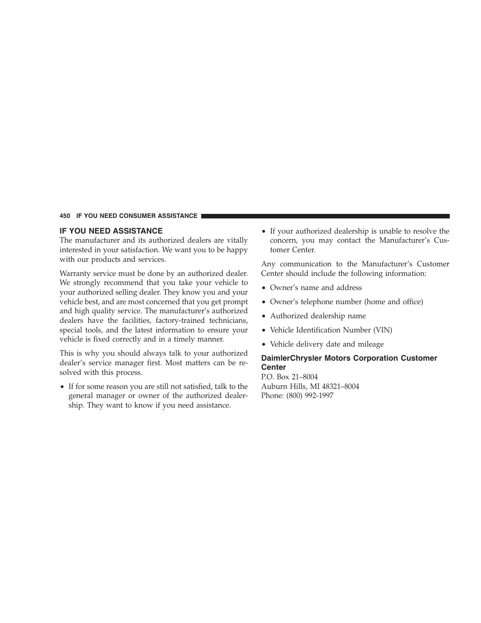 If you need assistance, Daimlerchrysler motors corporation customer center, Daimlerchrysler motors corporation customer | Center, Daimlerchrysler canada inc, Customer center, In mexico contact | Chrysler 2008 300 SRT User Manual | Page 452 / 482