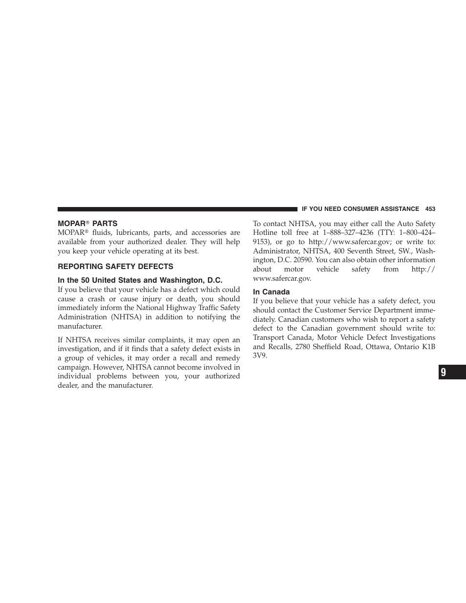 Reporting safety defects, In the 50 united states and washington, d.c, In canada | Publication order forms | Chrysler 2008 300 SRT User Manual | Page 455 / 482