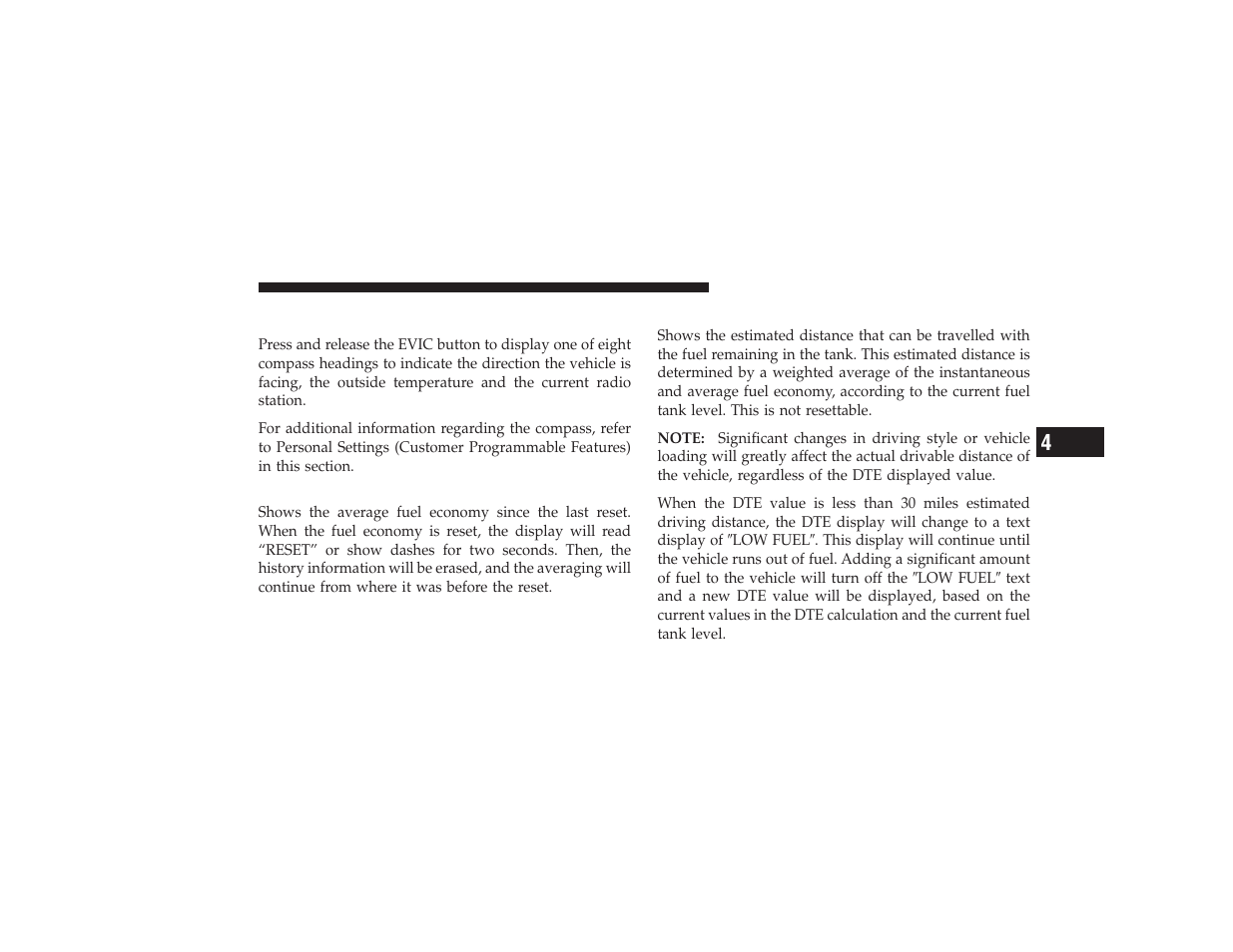 Compass/temperature/audio, Average fuel economy, Distance to empty (dte) | Chrysler 2008 PT Cruiser User Manual | Page 245 / 491