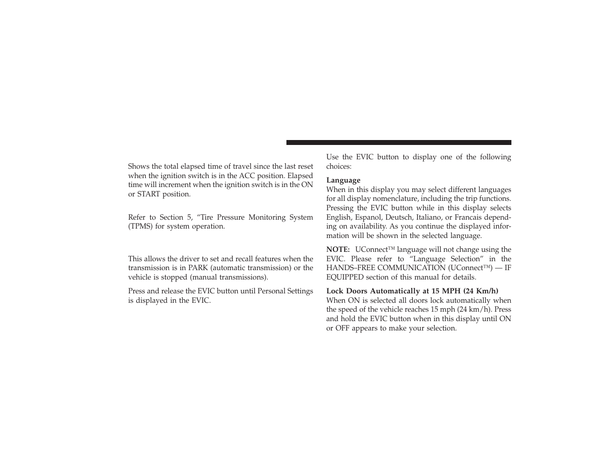 Elapsed time, Tire pressure monitor (tpm), Personal settings (customer programmable features) | Personal settings (customer programmable, Features) | Chrysler 2008 PT Cruiser User Manual | Page 246 / 491
