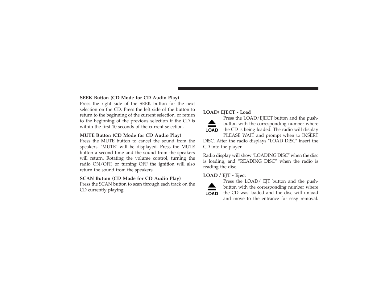 Load/eject button (cd mode for cd audio play), Load/eject button (cd mode for cd audio, Play) | Chrysler 2008 PT Cruiser User Manual | Page 268 / 491