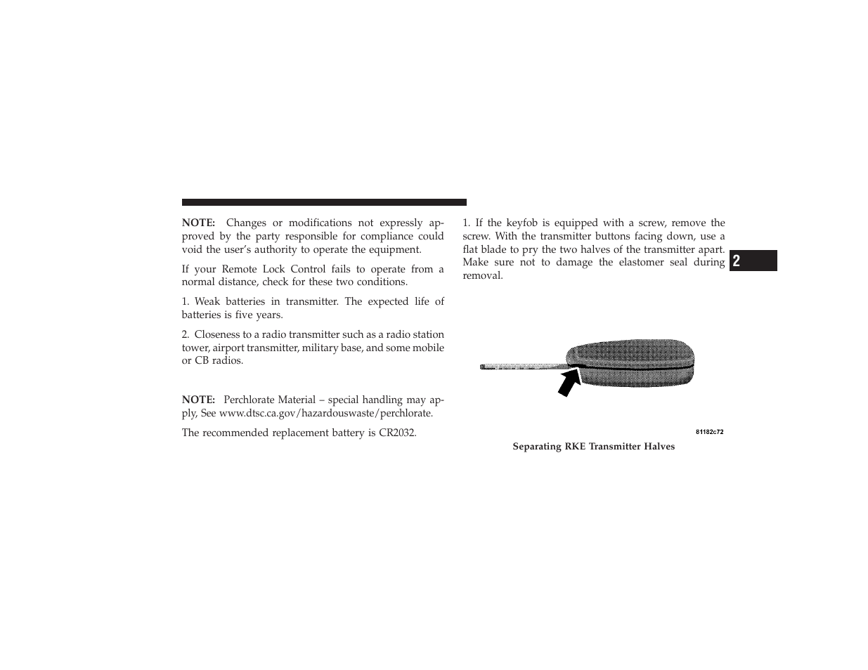 Transmitter battery service | Chrysler 2008 PT Cruiser User Manual | Page 31 / 491