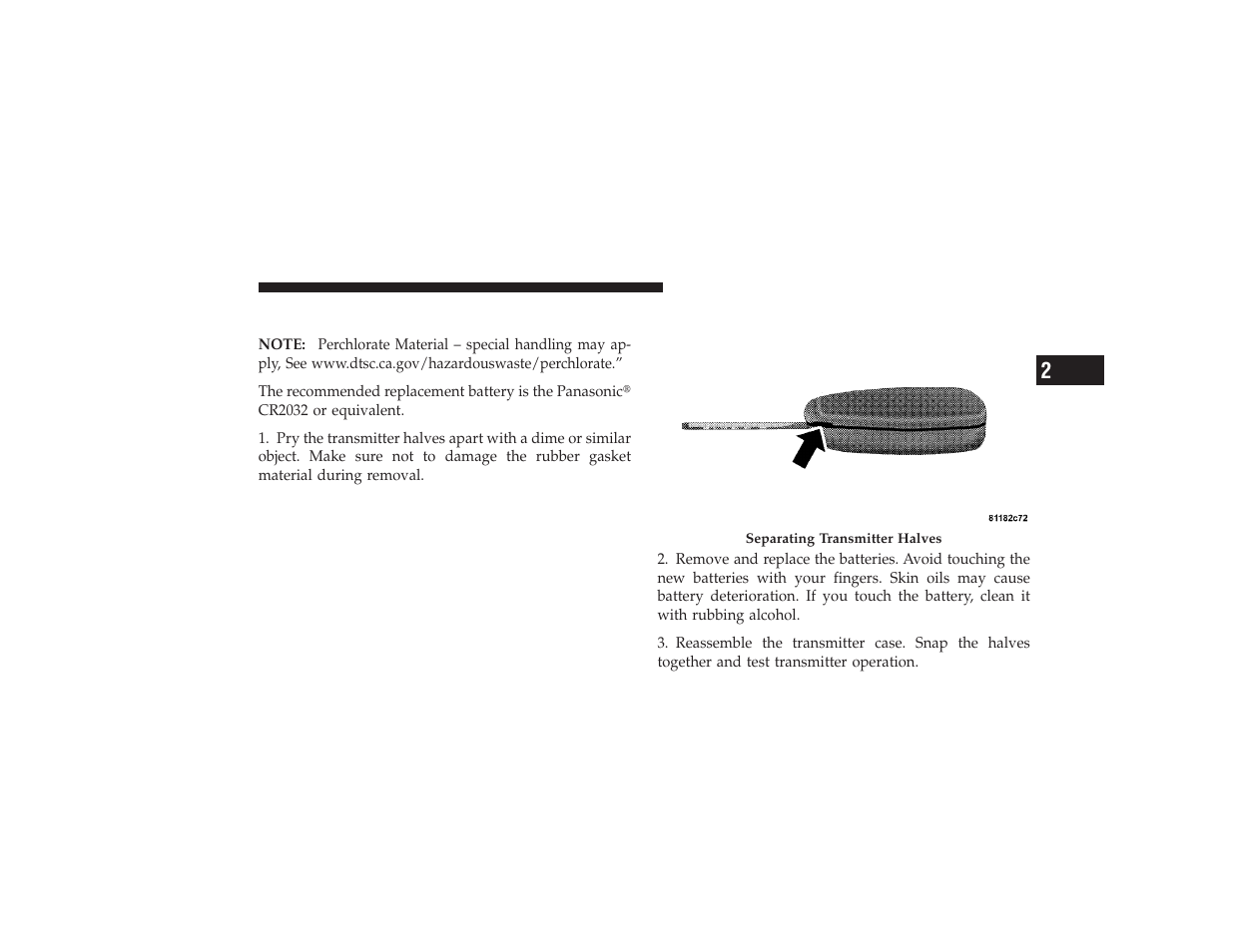 Transmitter battery service | Chrysler 2008 PT Cruiser User Manual | Page 37 / 491