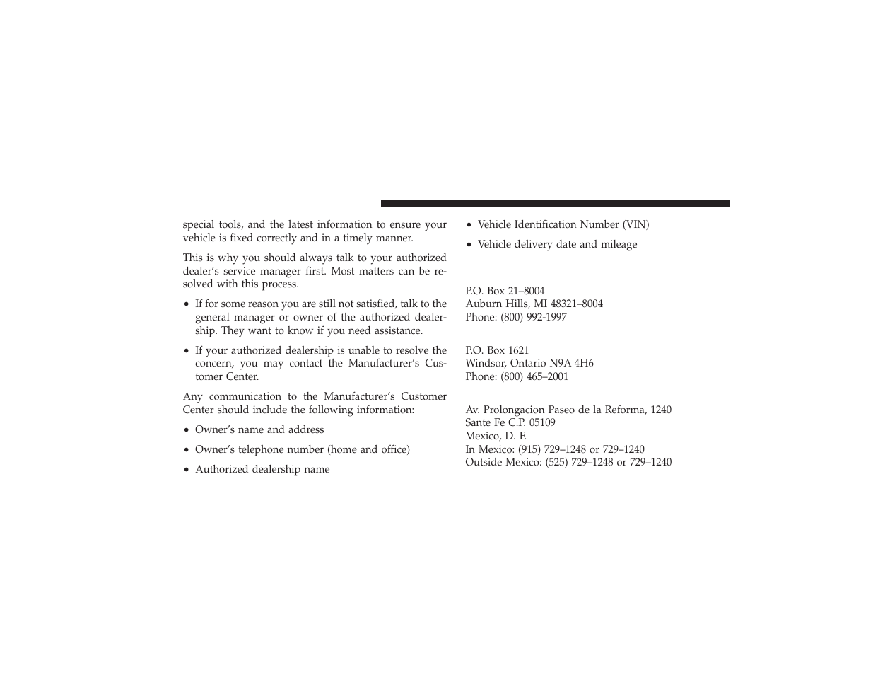 Daimlerchrysler motors corporation customer center, Daimlerchrysler canada inc. customer center, In mexico contact | Daimlerchrysler motors corporation customer, Center, Daimlerchrysler canada inc. customer | Chrysler 2008 PT Cruiser User Manual | Page 464 / 491