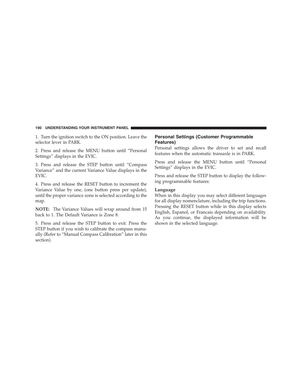 Personal settings (customer programmable features), Personal settings (customer programmable, Features) | Chrysler 2008 Sebring Sedan User Manual | Page 192 / 494