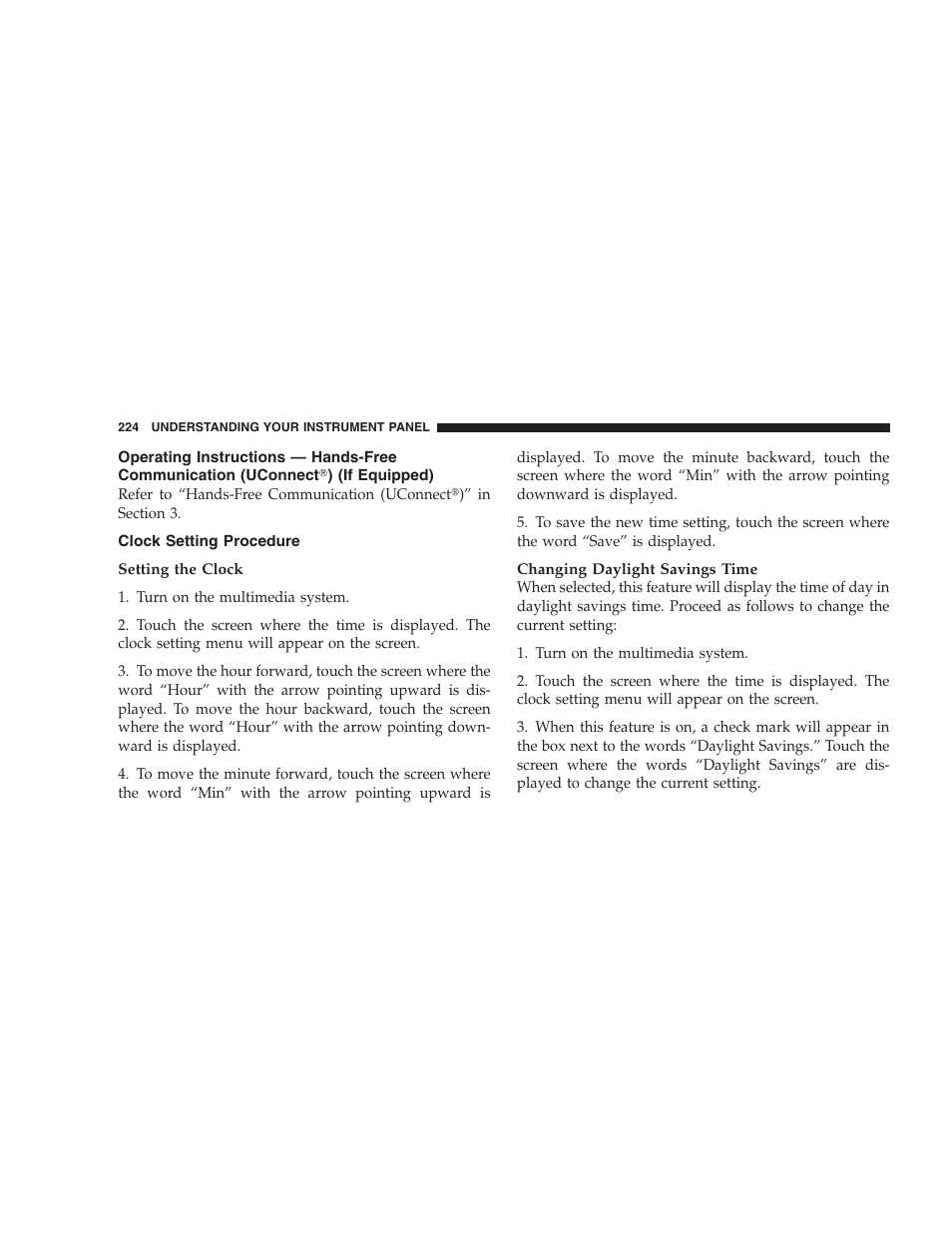 Clock setting procedure, Operating instructions — hands-free, Communication (uconnect | If equipped) | Chrysler 2008 Sebring Sedan User Manual | Page 226 / 494