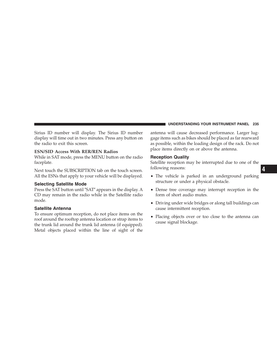 Selecting satellite mode, Satellite antenna, Reception quality | Chrysler 2008 Sebring Sedan User Manual | Page 237 / 494