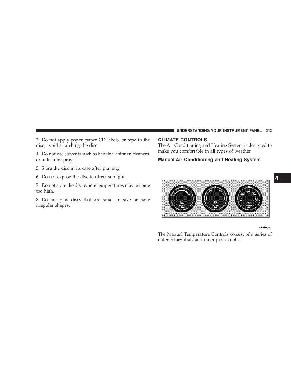 Climate controls, Manual air conditioning and heating system, Manual air conditioning and heating | System | Chrysler 2008 Sebring Sedan User Manual | Page 245 / 494