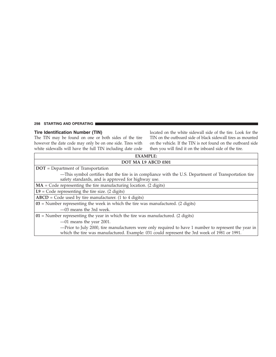 Tire identification number (tin) | Chrysler 2008 Sebring Sedan User Manual | Page 300 / 494