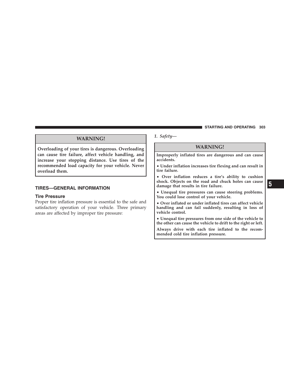 Tires-general information, Tire pressure, Tires—general information | Chrysler 2008 Sebring Sedan User Manual | Page 305 / 494