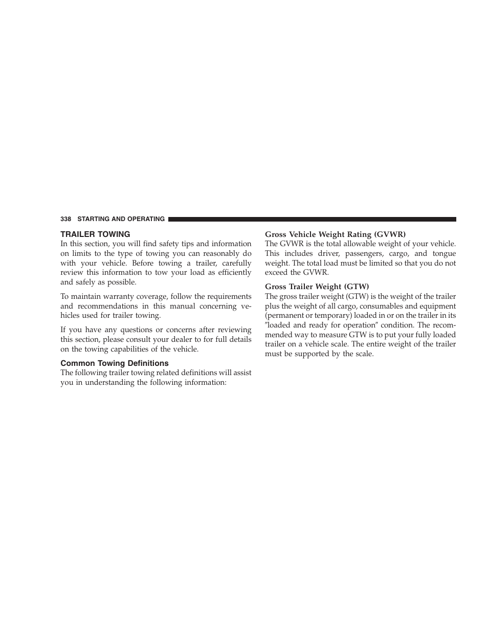 Trailer towing, Common towing definitions | Chrysler 2008 Sebring Sedan User Manual | Page 340 / 494
