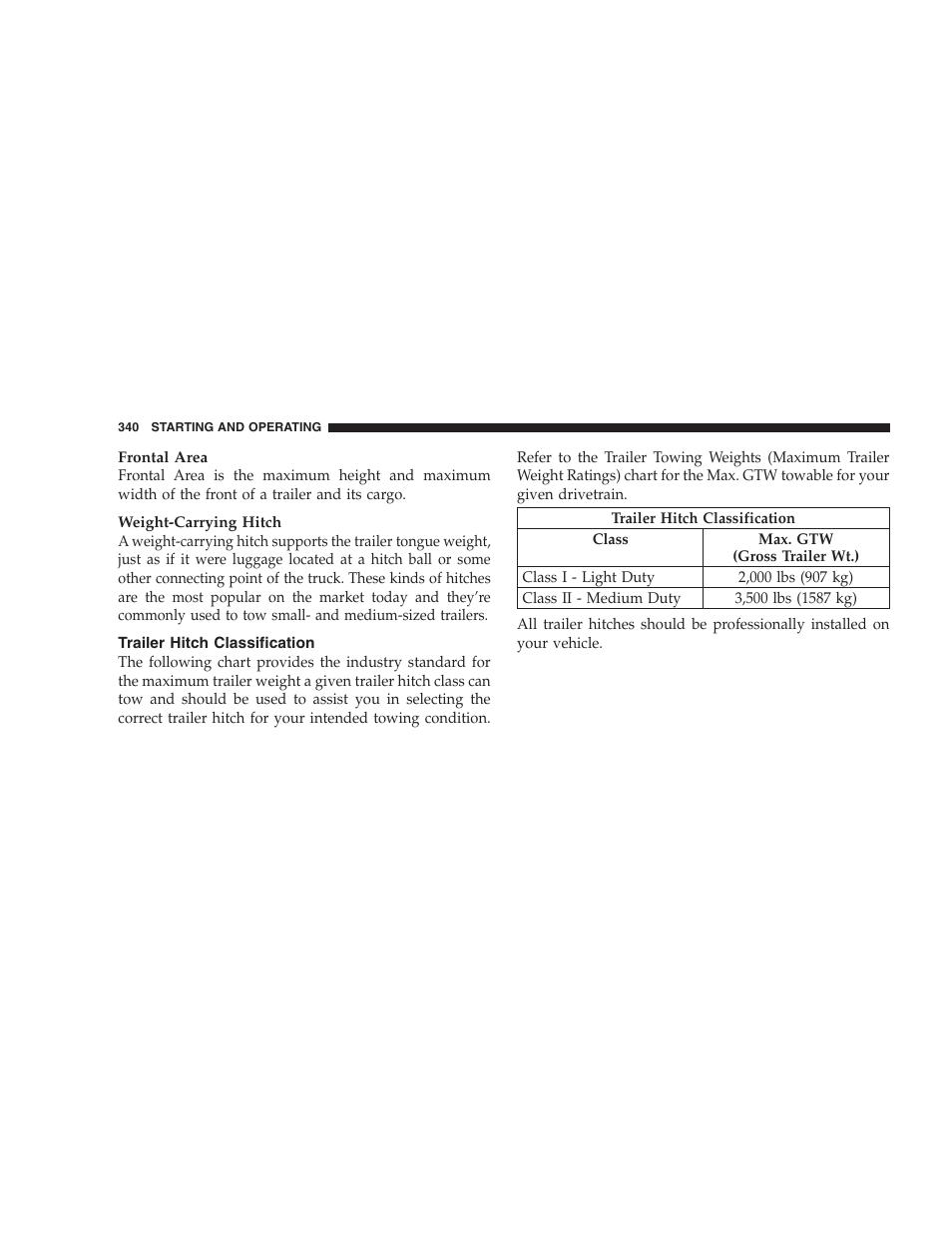 Trailer hitch classification | Chrysler 2008 Sebring Sedan User Manual | Page 342 / 494