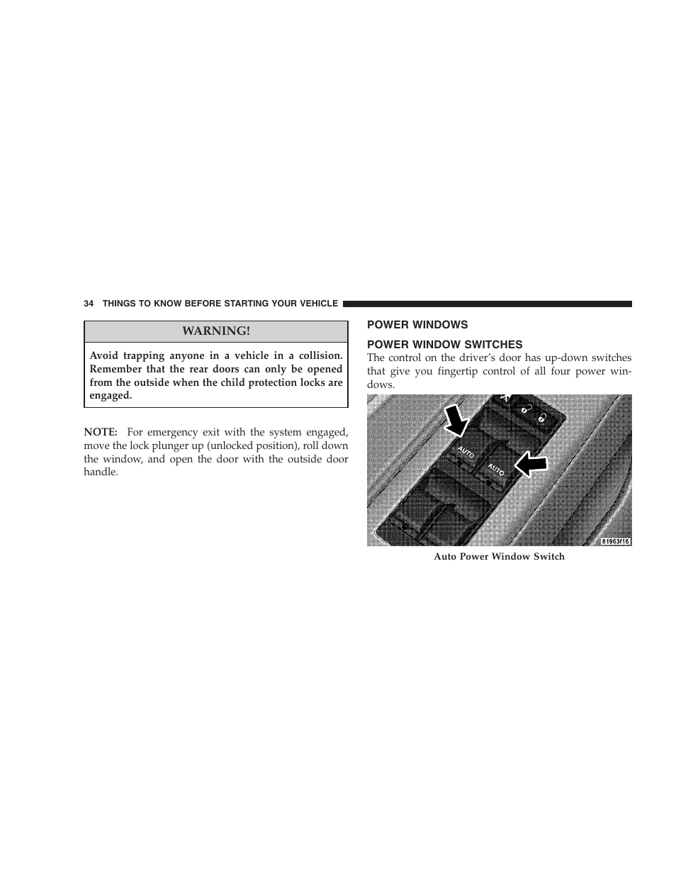 Power windows, Power window switches | Chrysler 2008 Sebring Sedan User Manual | Page 36 / 494