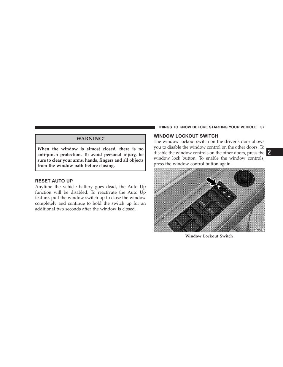 Reset auto up, Window lockout switch | Chrysler 2008 Sebring Sedan User Manual | Page 39 / 494