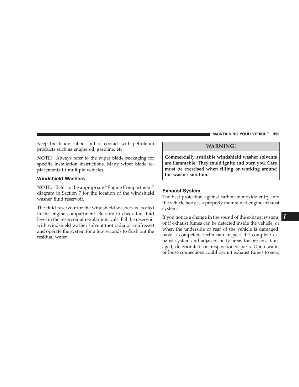 Windshield washers, Exhaust system | Chrysler 2008 Sebring Sedan User Manual | Page 395 / 494