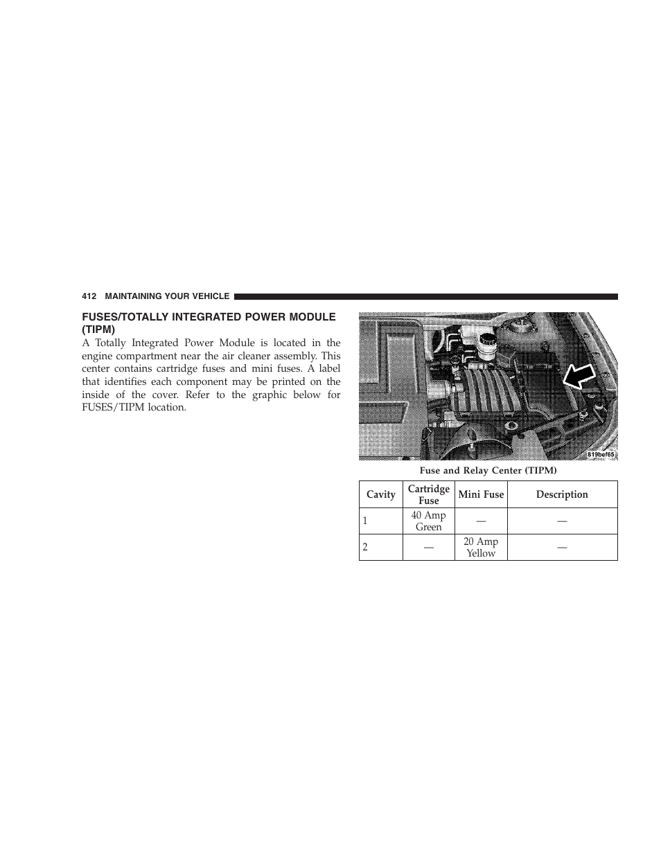 Fuses/totally integrated power module (tipm), Fuses/totally integrated power module, Tipm) | Chrysler 2008 Sebring Sedan User Manual | Page 414 / 494