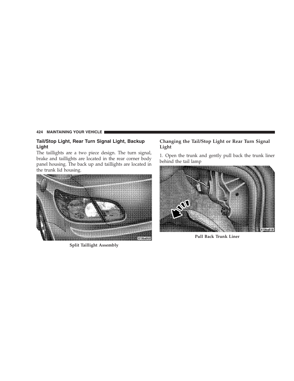 Tail/stop light, rear turn signal light, Backup light | Chrysler 2008 Sebring Sedan User Manual | Page 426 / 494